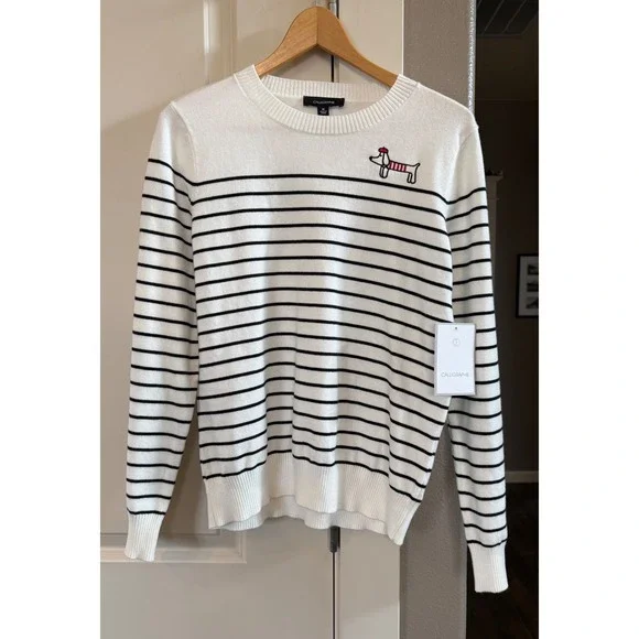 Calligraphie NWT White with Black Stripes Sweater with French Wiener Dog Size M - Picture 4 of 8